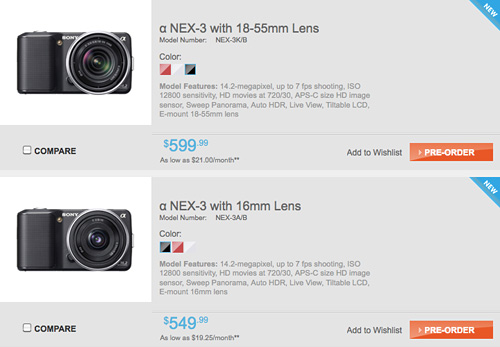 Sony NEX-3 Pricing (Image courtesy Sony)