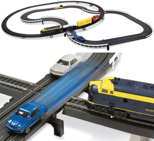Intersecting Slot Car And Train Set (Images courtesy Hammacher Schlemmer)