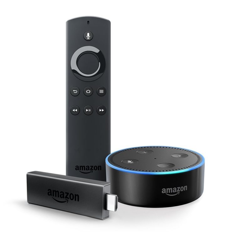 Fire TV Stick, an Alexa Voice Remote, and an Echo Dot